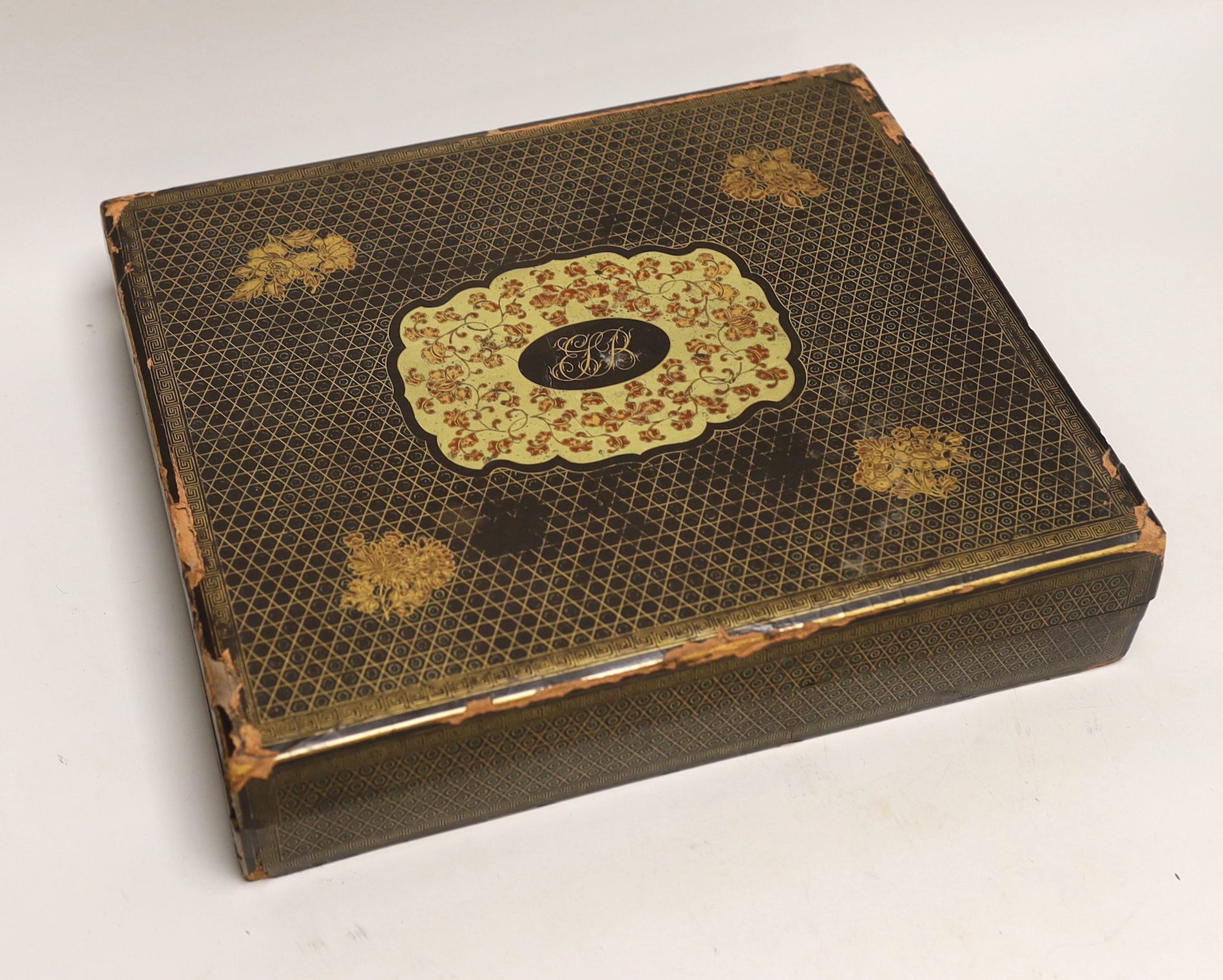 A mid 19th century Chinese export gaming set with mother of pearl counters, contained in a mid 19th century Canton gilt decorated like a box with lidded containers, 29cm